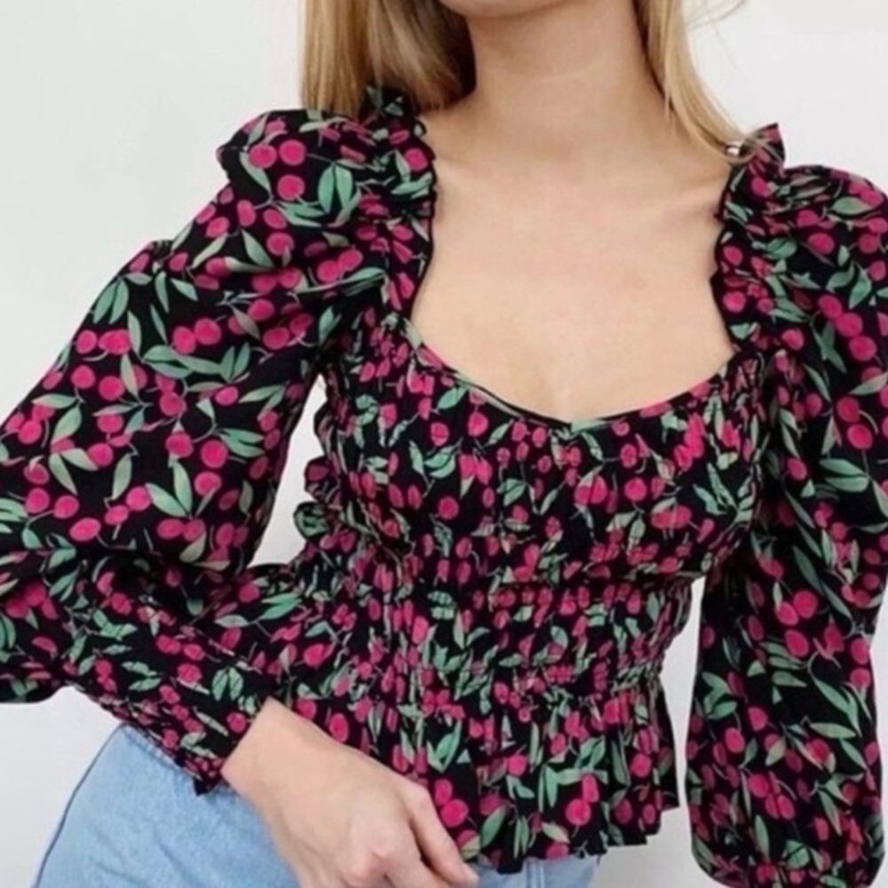 Topshop cherry print smocked cropped puff sleeve square neck blouse top 8